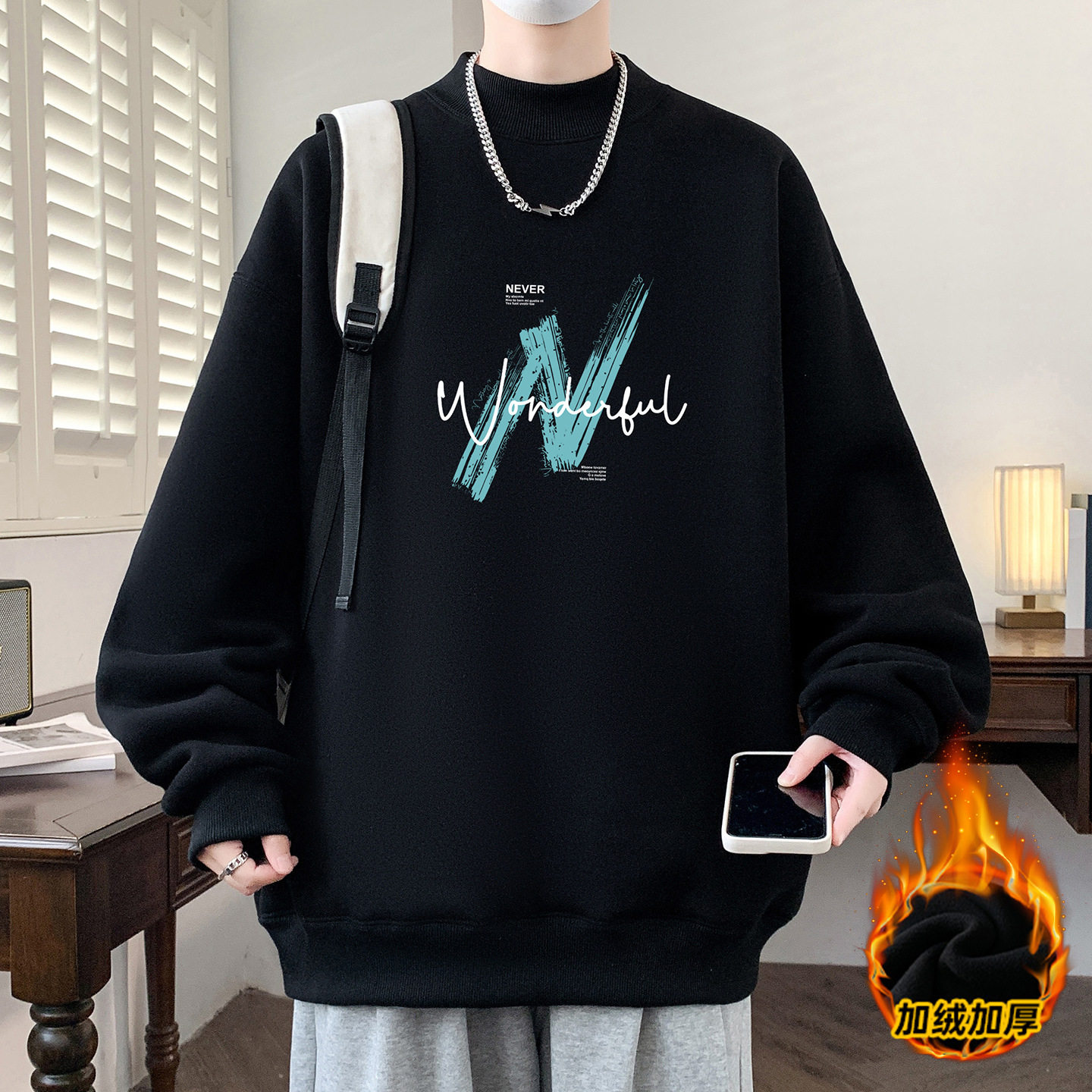 德国冬款加绒加厚卫衣男孩初中学生潮流帅气青少年大童保暖内搭上