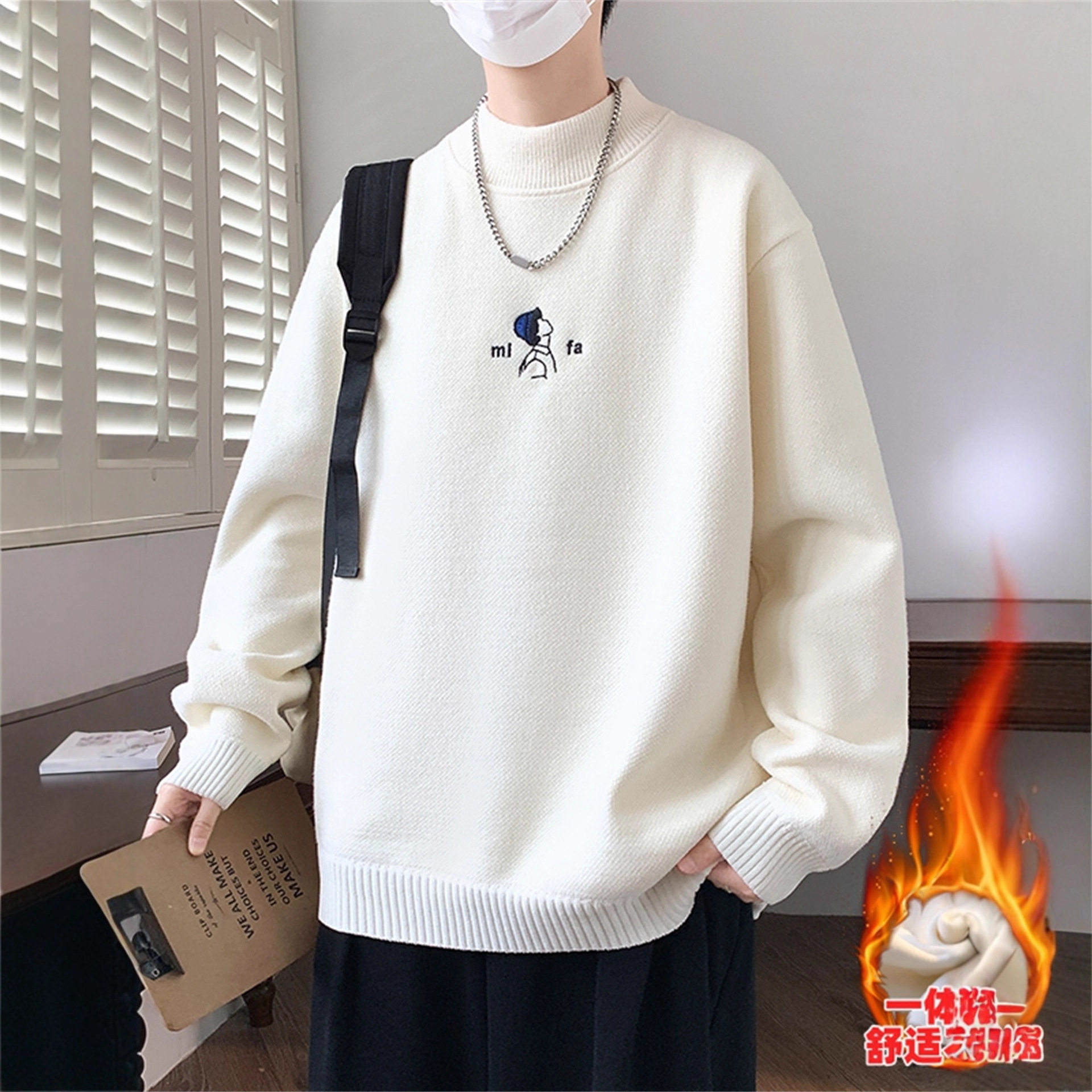 欧洲站青少年冬季加绒毛衣男生半高领防寒保暖加厚针织衫宽松内搭