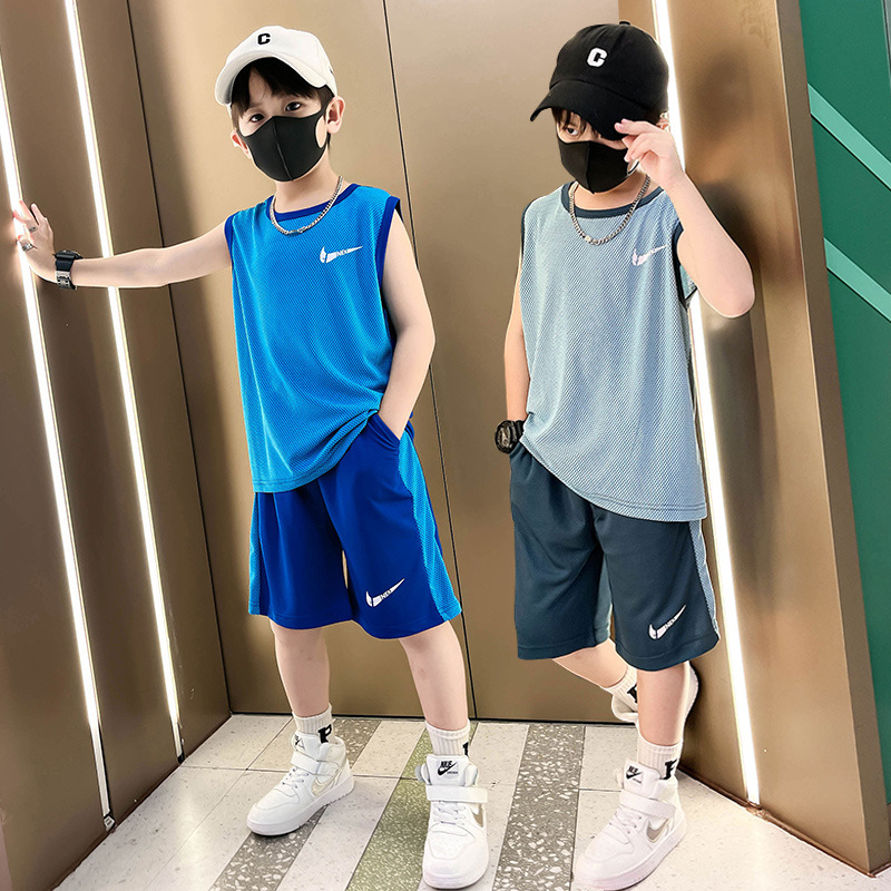 新品潮流儿童装男童背心短裤套装2023新款中大童运动速干网眼篮球