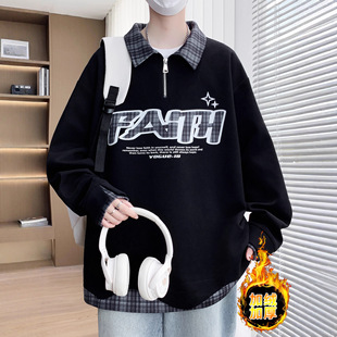 欧洲站冬款翻领卫衣男孩初高中学生加绒加厚青少年帅气大童Polo衫