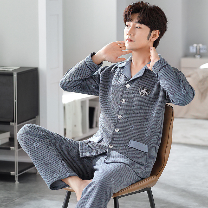 潮牌睡衣男季加厚长袖长裤夹层家居服冬款薄夹棉加大码套装