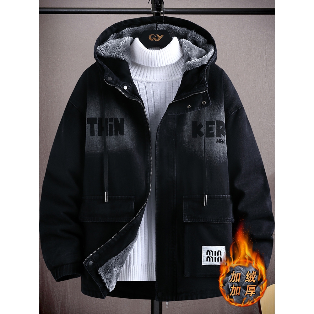 香港撤柜青少年冬季加绒加厚牛仔外套男孩学生大童装派克服夹克棉