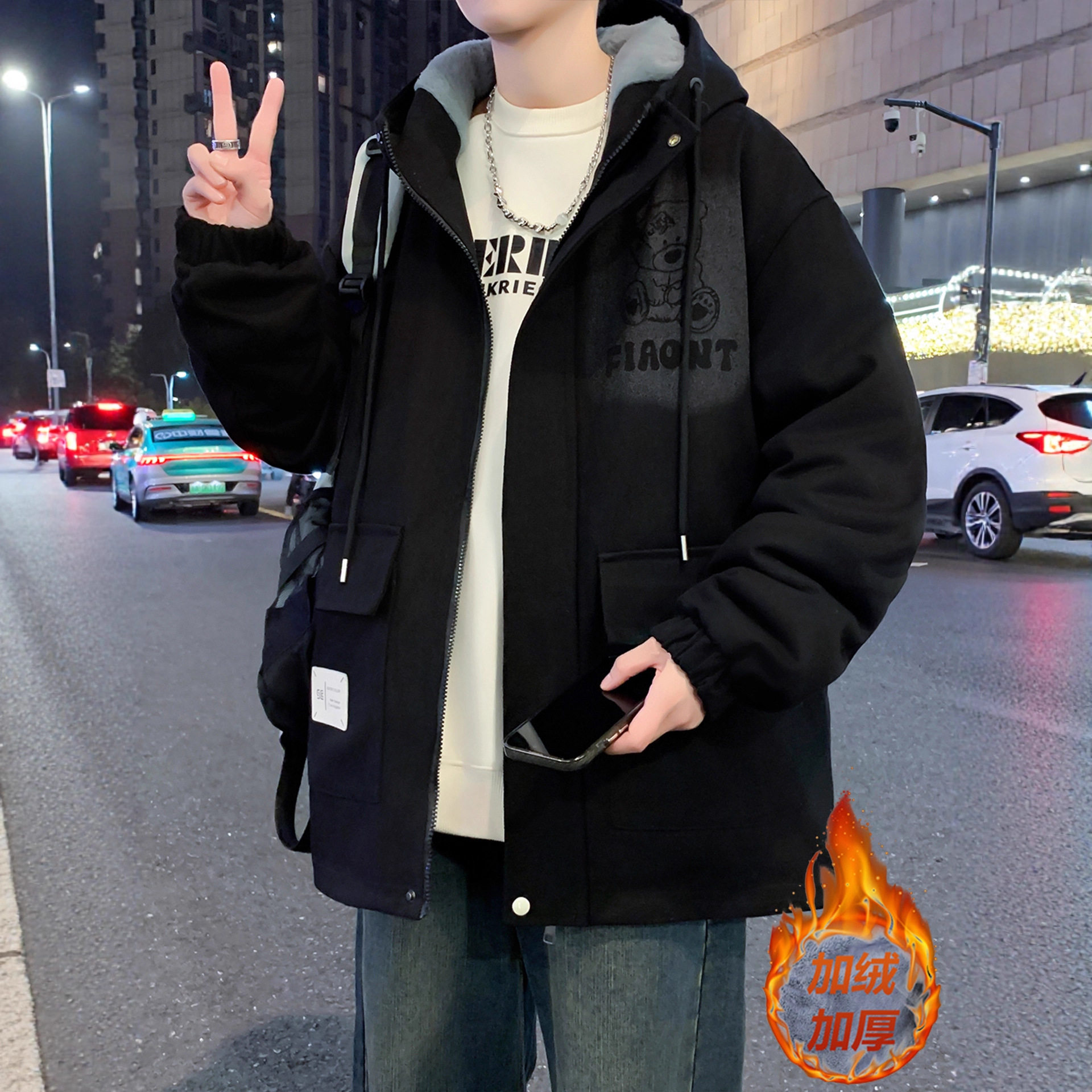 德国冬季青少年潮牌外套男孩初中高中学生加绒加厚夹克大童保暖棉