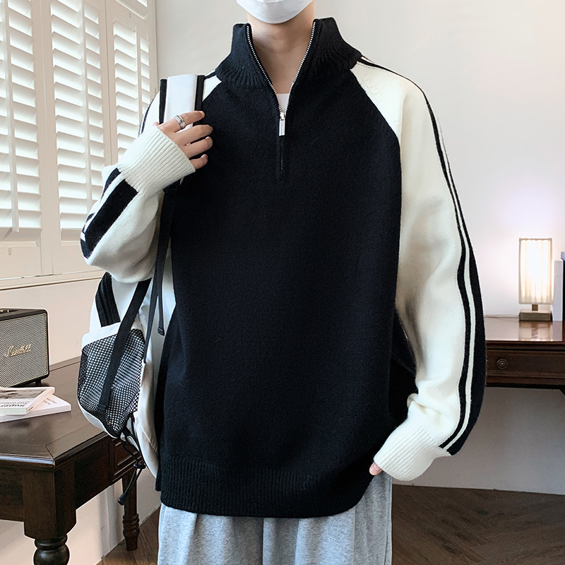 优选时尚半拉链立领毛衣男冬新款潮牌毛线衣服青少年半高领针织衫