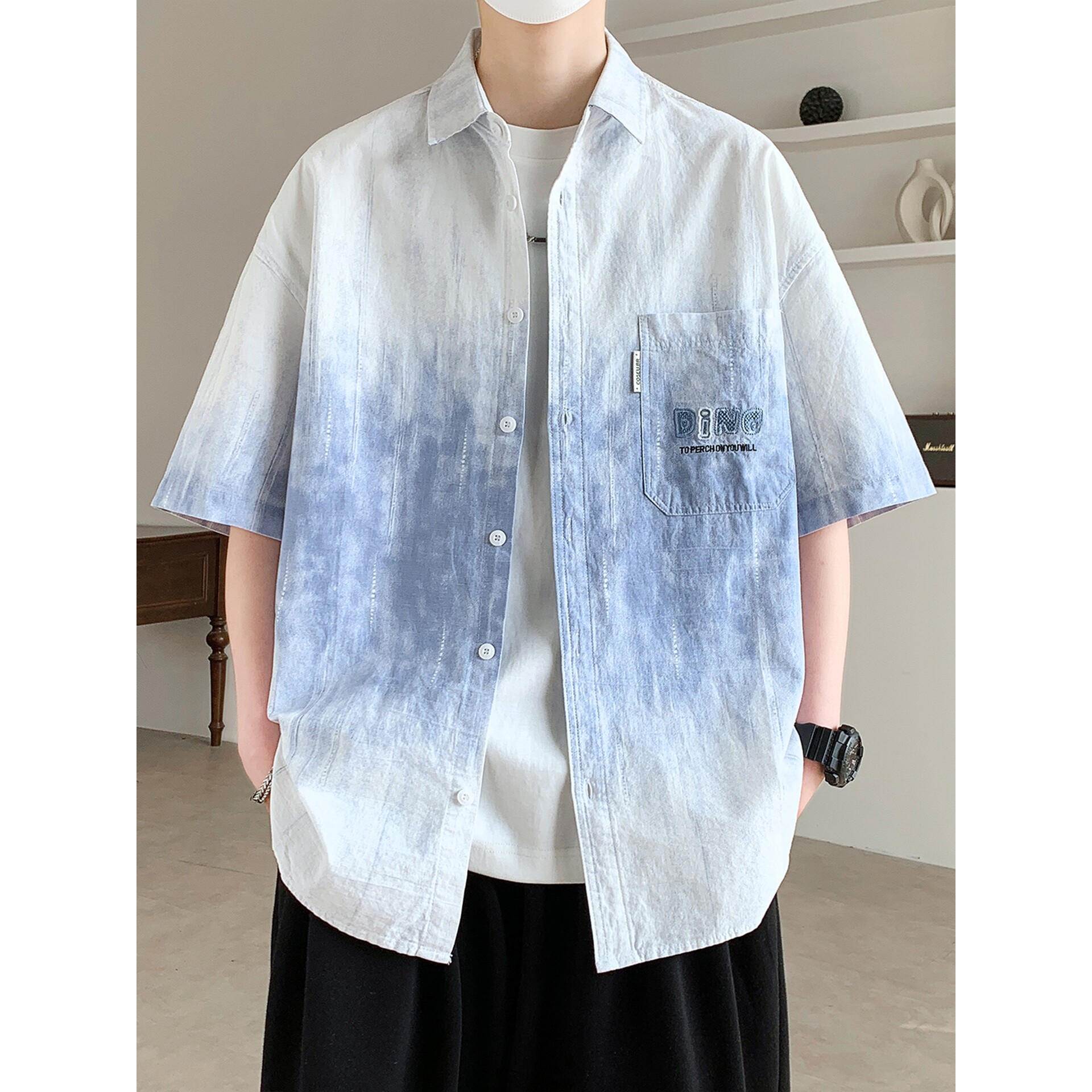 德国潮牌短袖衬衫男初中高中学生潮流宽松半袖青少年大童夏装衬衣