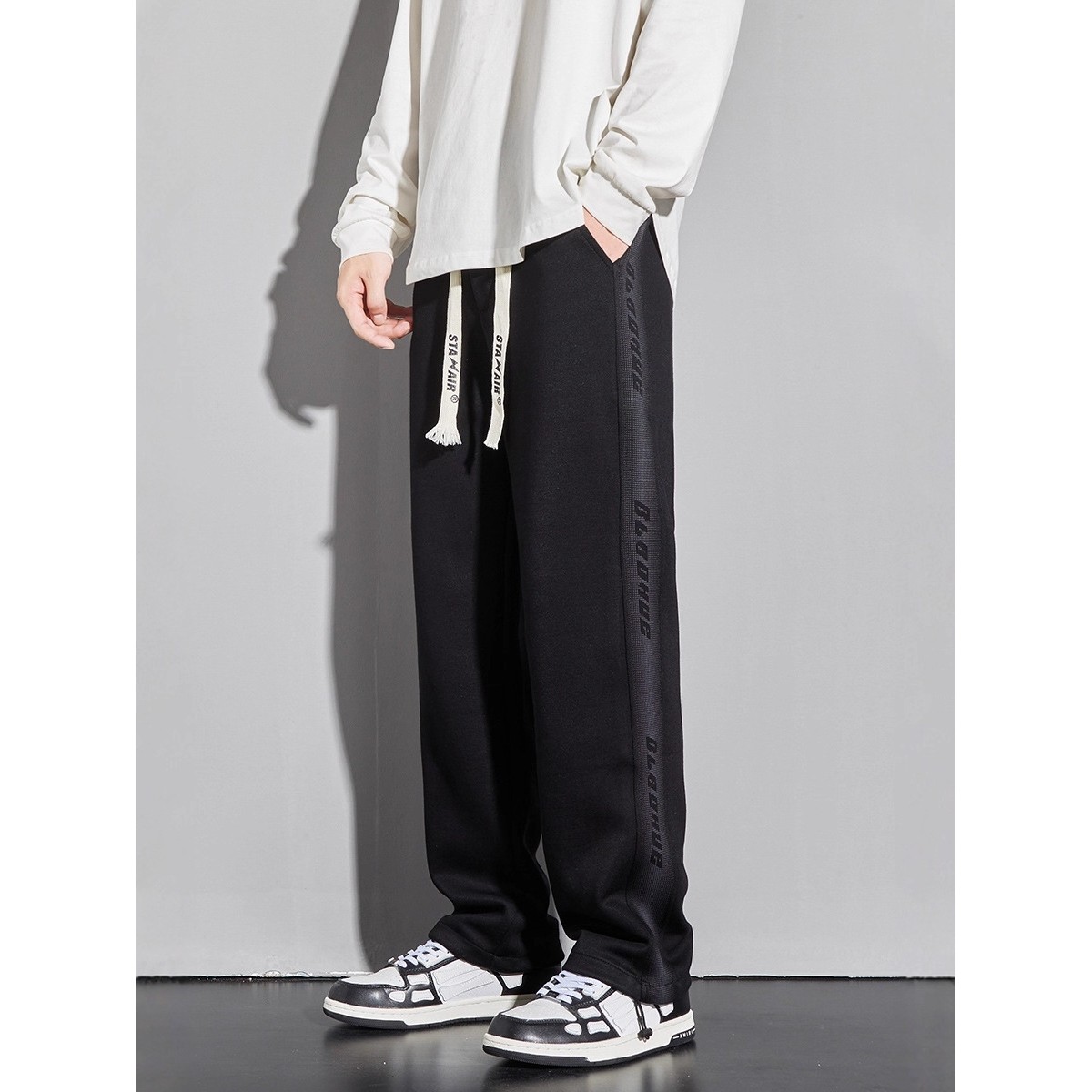 欧洲站裤子男初中生高中潮流休闲宽松卫裤青少年松紧腰直筒运动长