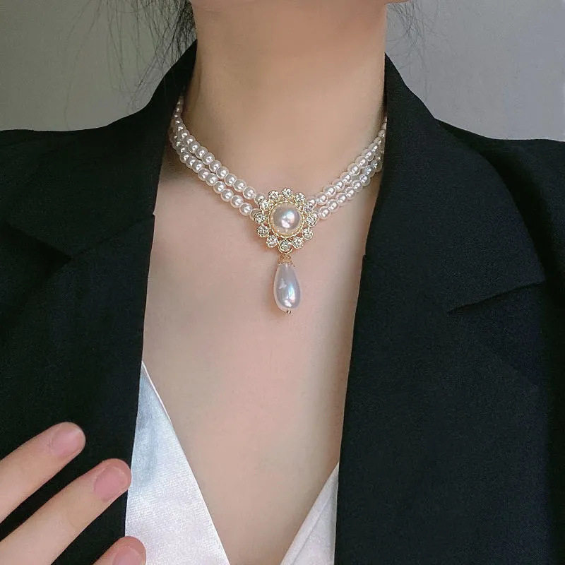 撤柜新款复古宫廷风轻奢小众双层珍珠水滴锁骨链气质宴会礼服项链