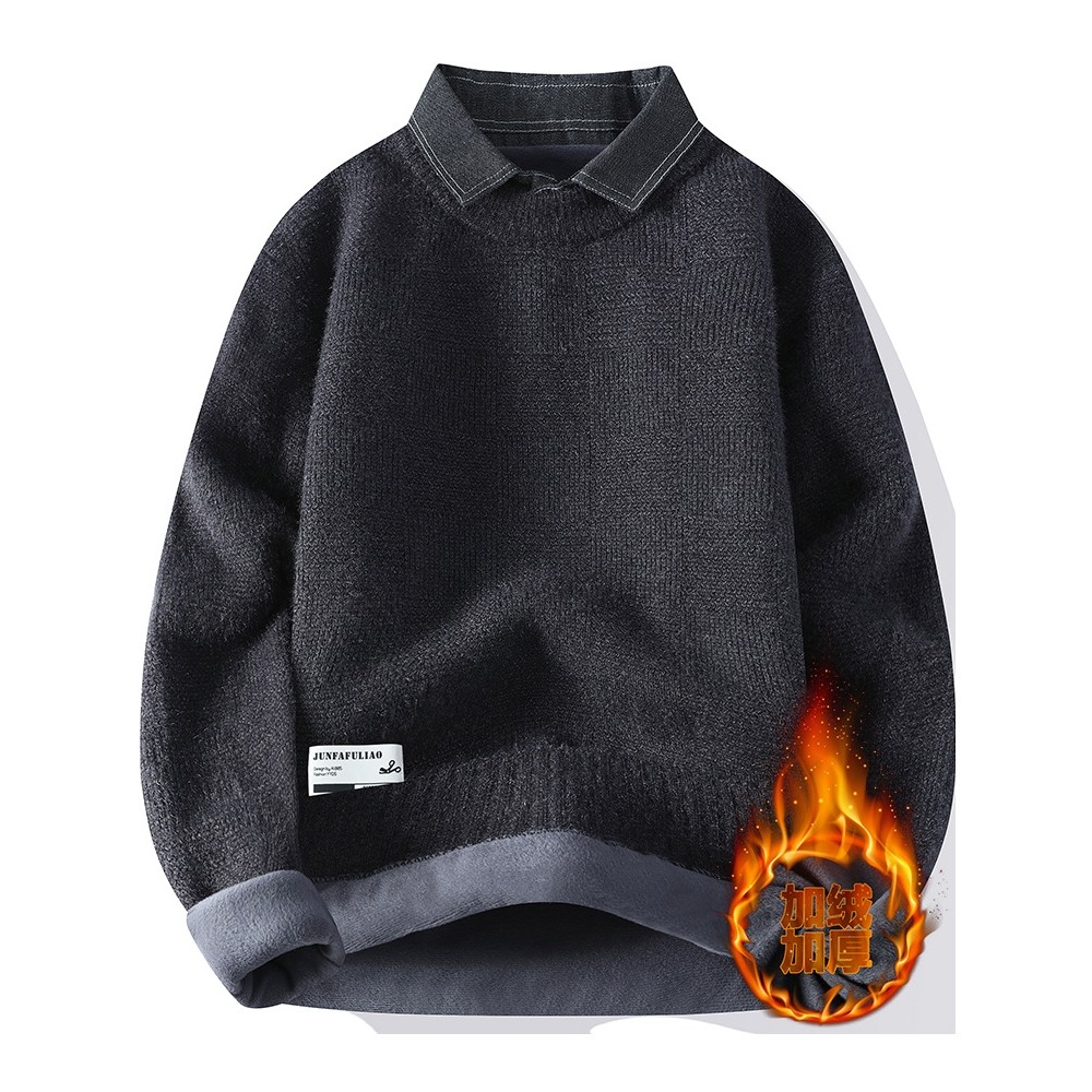 欧洲站衬衫领毛衣男冬季假两件针织衫男内搭打底衫青少年高级感保