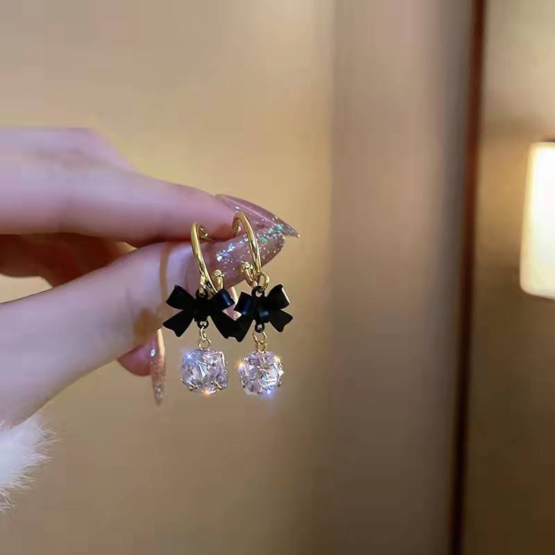 撤柜韩版耳钉黑色蝴蝶结耳坠简单大气锆石耳坠淑女气质耳钉耳环饰