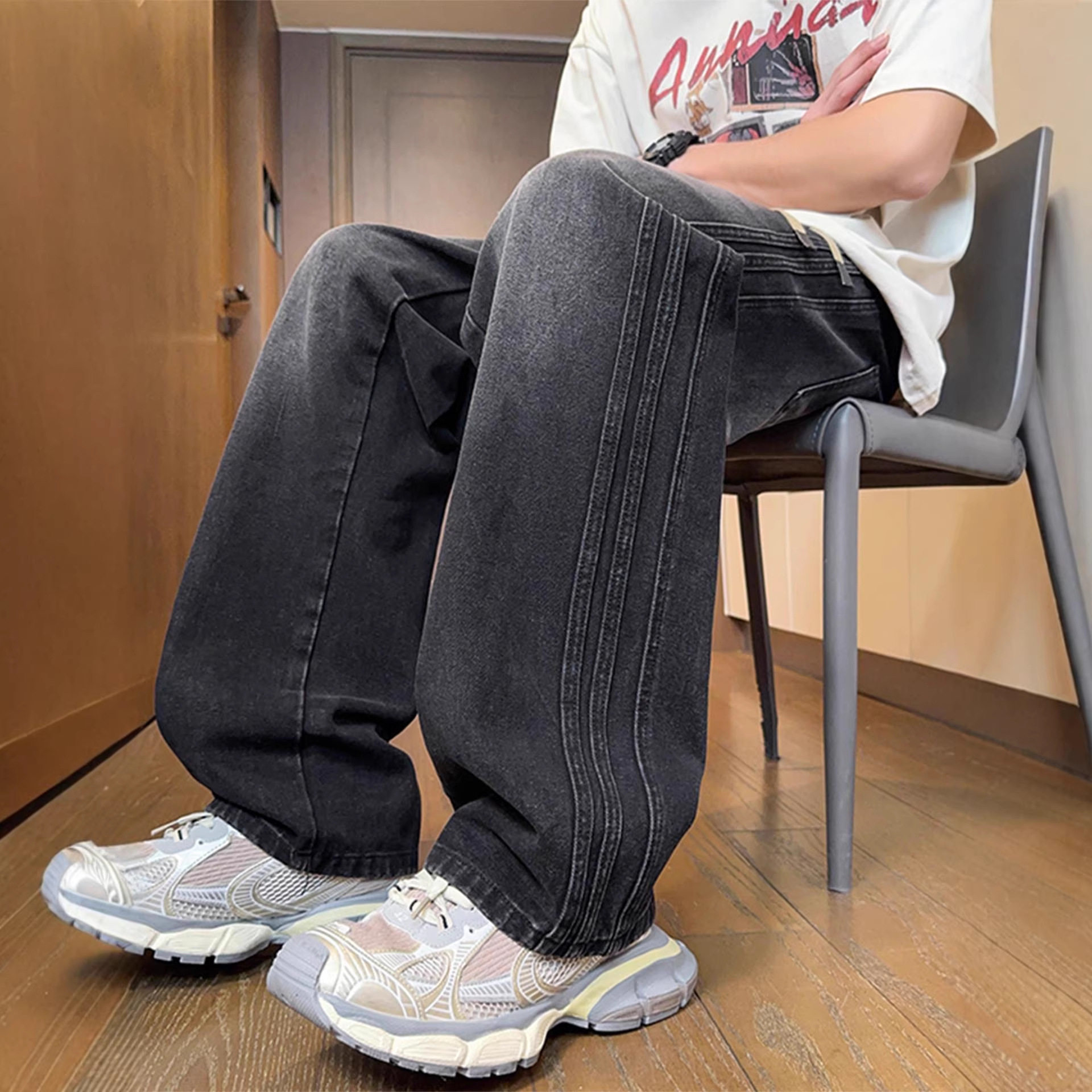 德国季新款牛仔裤子男初中高中学生宽松直筒裤青少年大童阔腿长裤