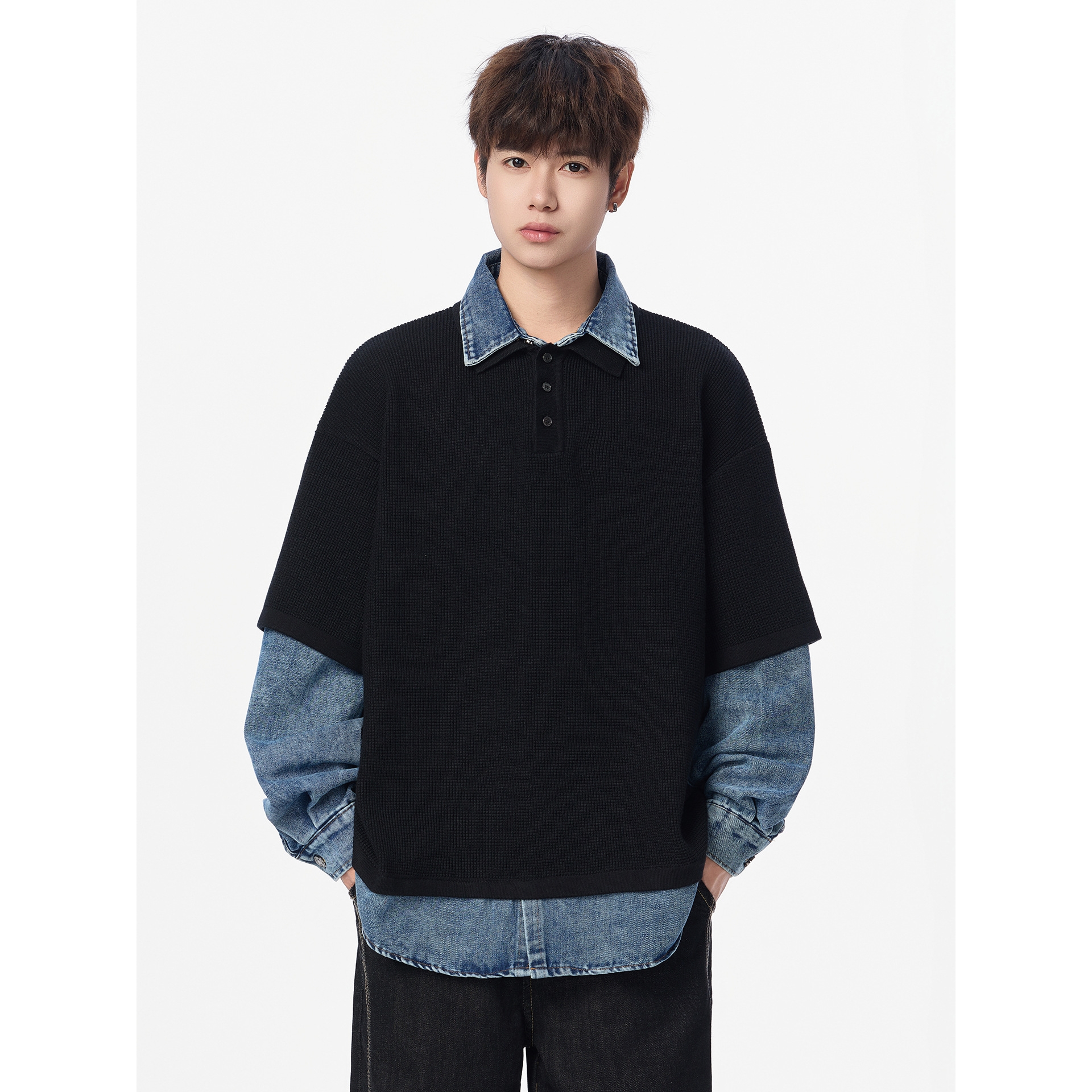 香港撤柜假两件毛衣男冬季新款美式宽松衬衫领针织衫男士高级感套