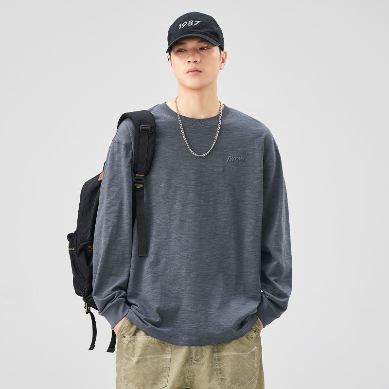 德国美式重磅纯棉长袖T恤男士宽松潮牌字母刺绣季圆领长袖上衣