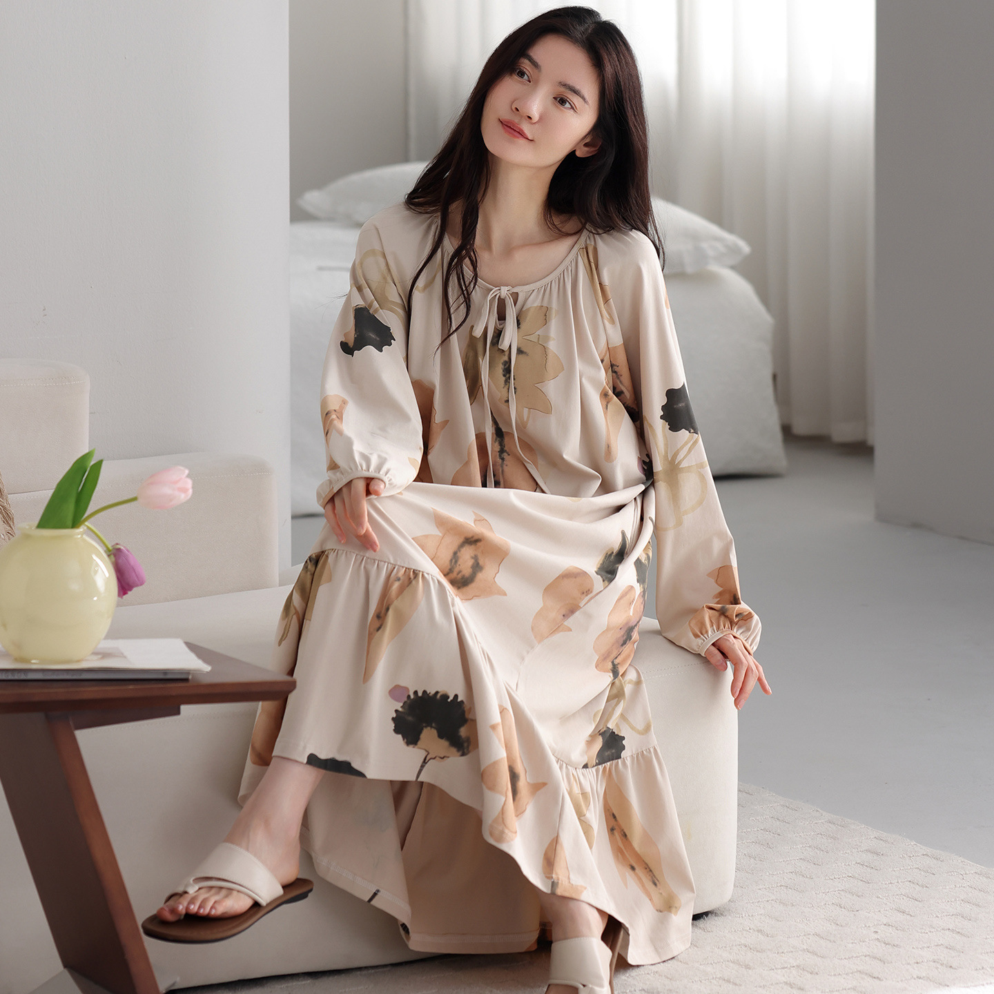 今年新品睡裙新款女士睡衣柔软舒适拉架纯棉睡裙宽松长袖连衣裙家