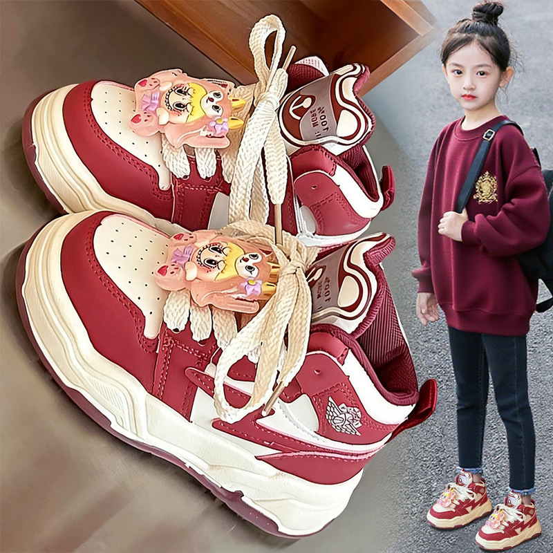 今年新品拉布布女童运动鞋新款季儿童红色板鞋高帮女孩跑步休闲鞋