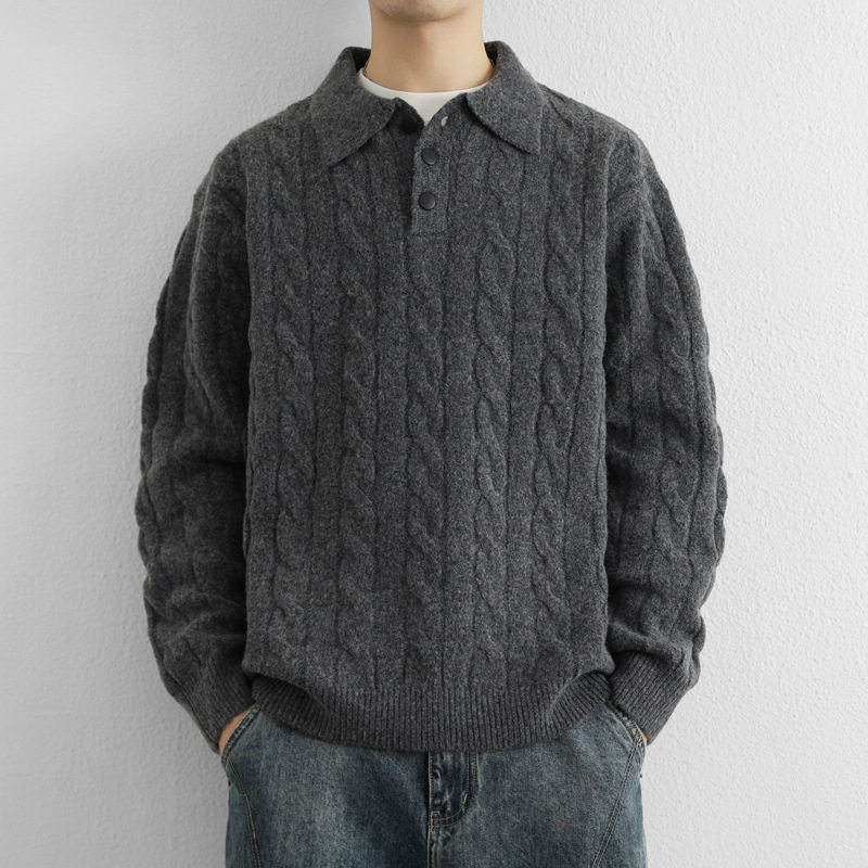 欧洲站高级感翻领毛衣男冬季潮牌痞帅麻花线衣加厚保暖内搭针织打