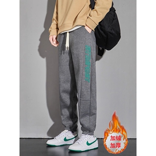 欧洲站运动裤男冬款潮牌加绒加厚初中生裤子胖男生青少年休闲束脚