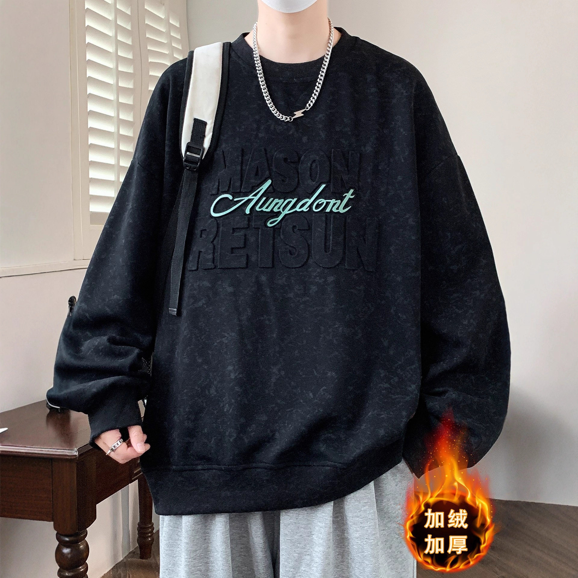 欧洲站冬季青少年加绒加厚卫衣男初中高中学生帅气大童男装打底衫