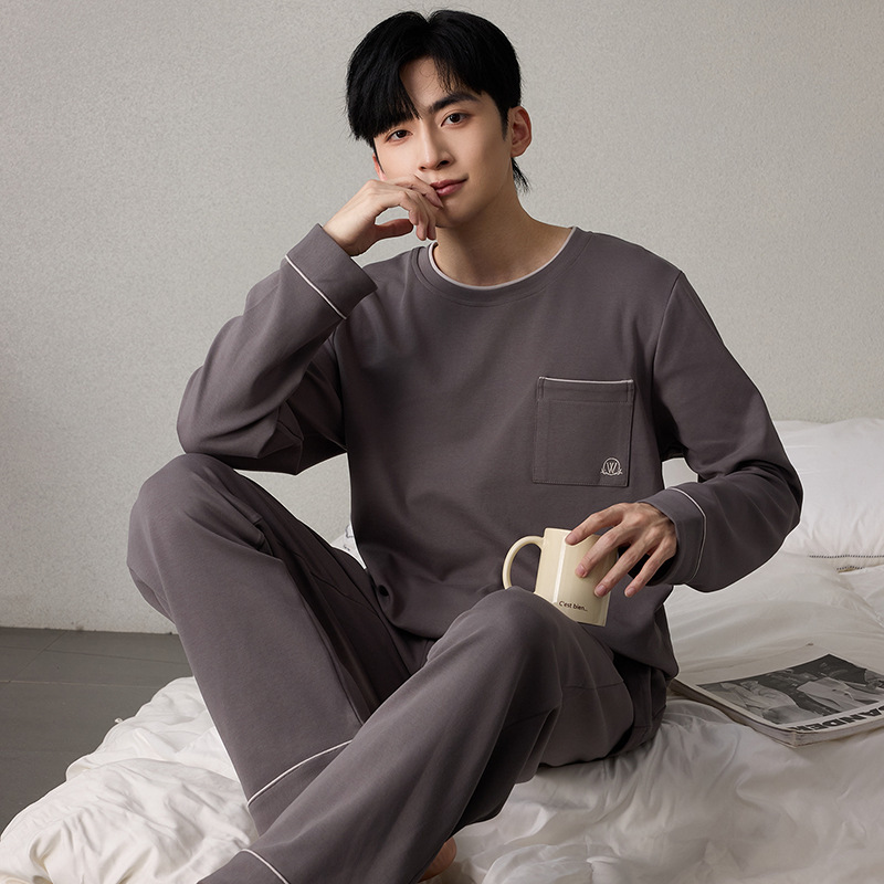 潮牌纯棉男士睡衣长袖长裤冬季全棉家居服男款青年成年人套装可外
