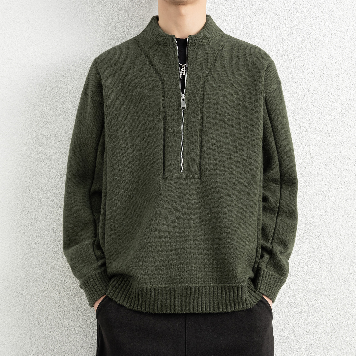 优选时尚亨利领毛衣男冬新款美式复古半拉链针织衫纯色毛线衣服