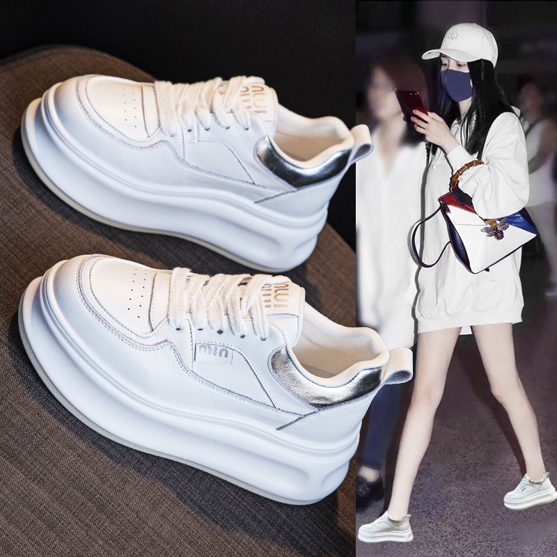 欧洲新品厚底小白鞋女爆款真皮透气板鞋女网红超火百搭休闲松糕鞋