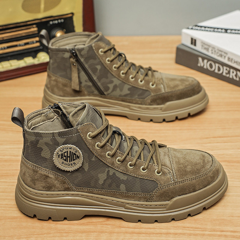 德国男鞋季高帮迷彩马丁靴男款户外休闲工装沙漠靴子真皮侧拉链短