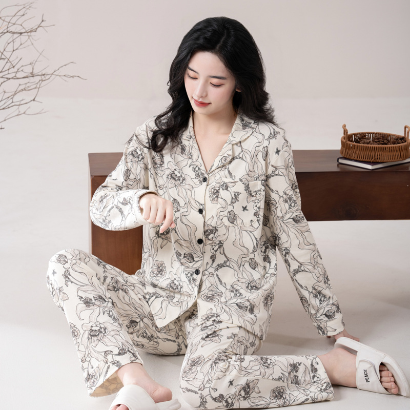 潮牌新款水墨画国风睡衣女士长袖长裤大码宽松简约家居服大码套装