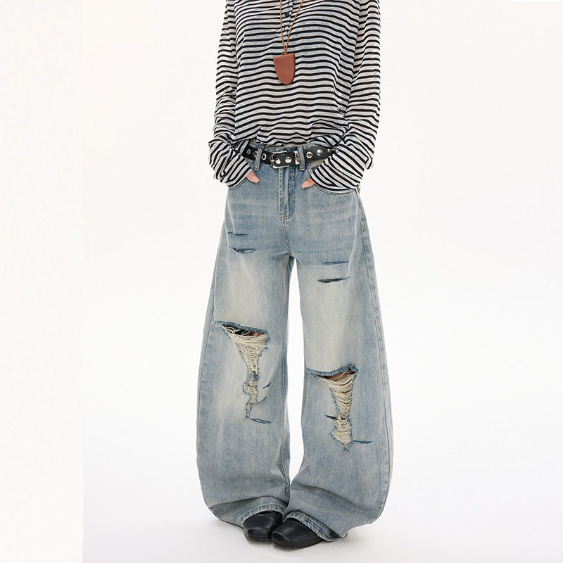 德国美式高街复古破洞牛仔裤季新款中性风宽松直筒阔腿长裤