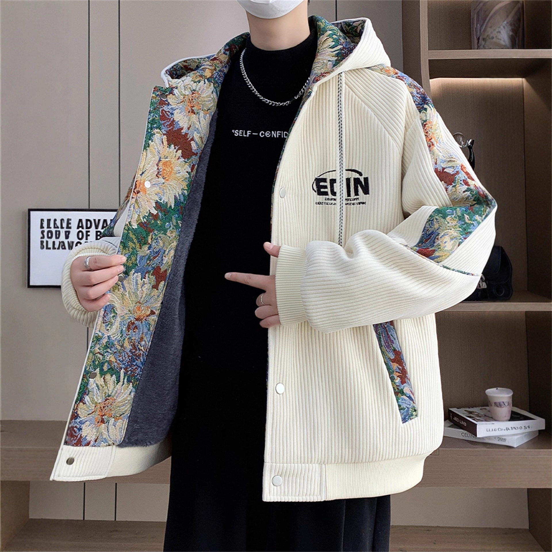 德国新中式国风连帽外套男生冬季加绒加厚灯芯绒夹克宽松帅气上衣