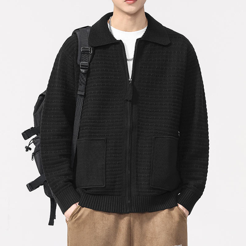 优选时尚男装轻奢设计翻领毛衣男季新款韩版休闲针织衫拉链外套