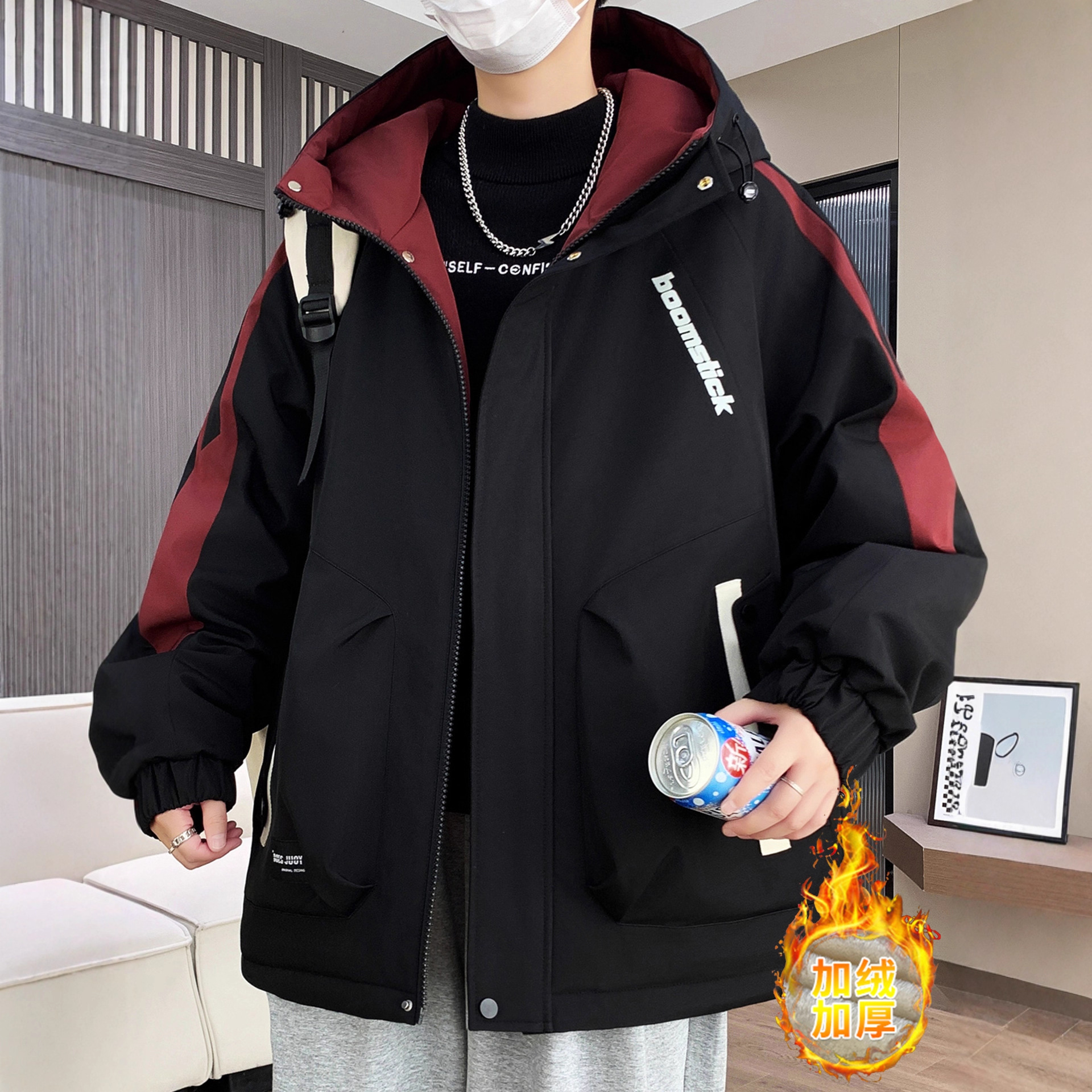 香港撤柜冬季青少年连帽外套男孩初高中学生加绒加厚冲锋衣大童夹