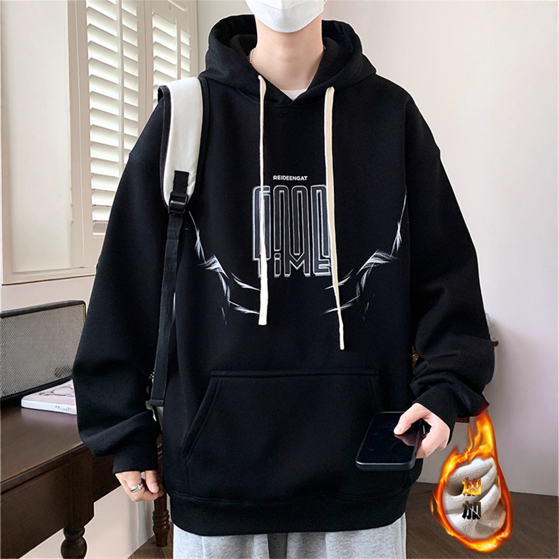 德国加绒卫衣男生冬季新款美式高街外套男装青少年百搭连帽套头上