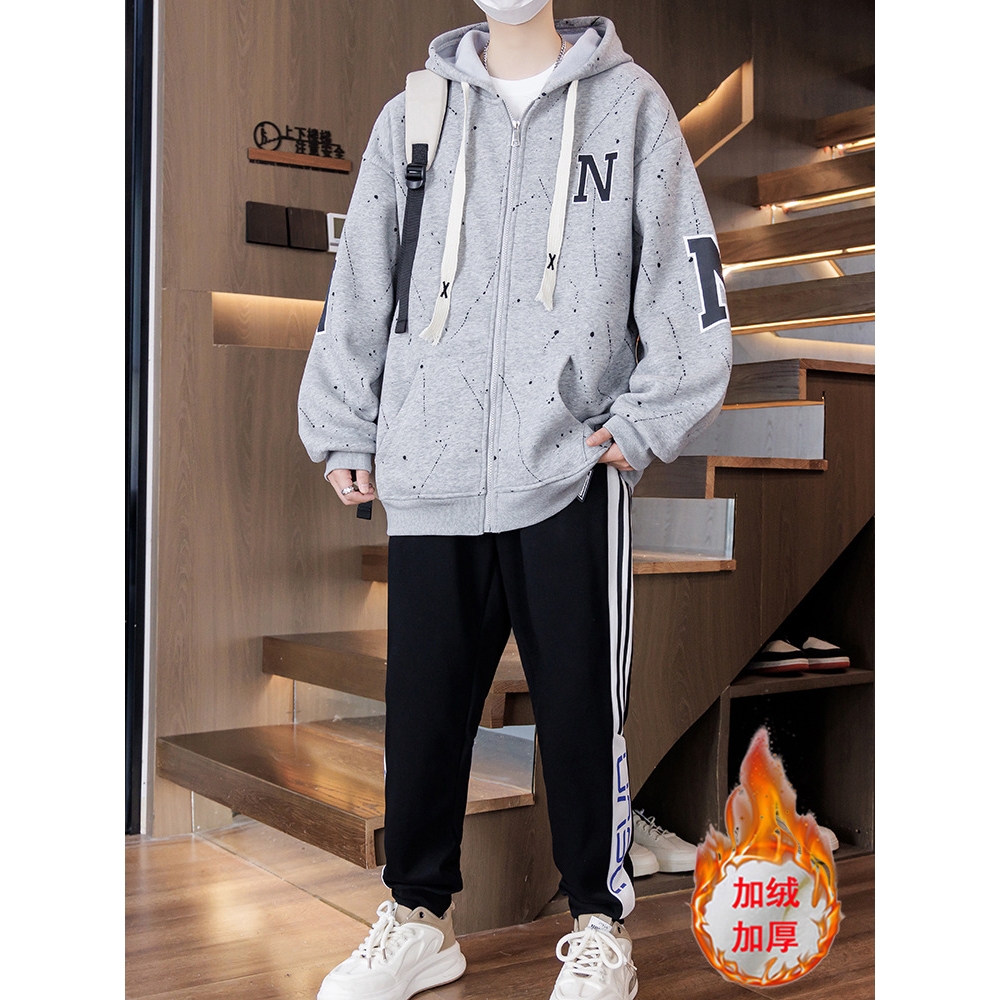 香港撤柜初高中学生加绒加厚连帽卫衣外套男青少年冬季帅气休闲运