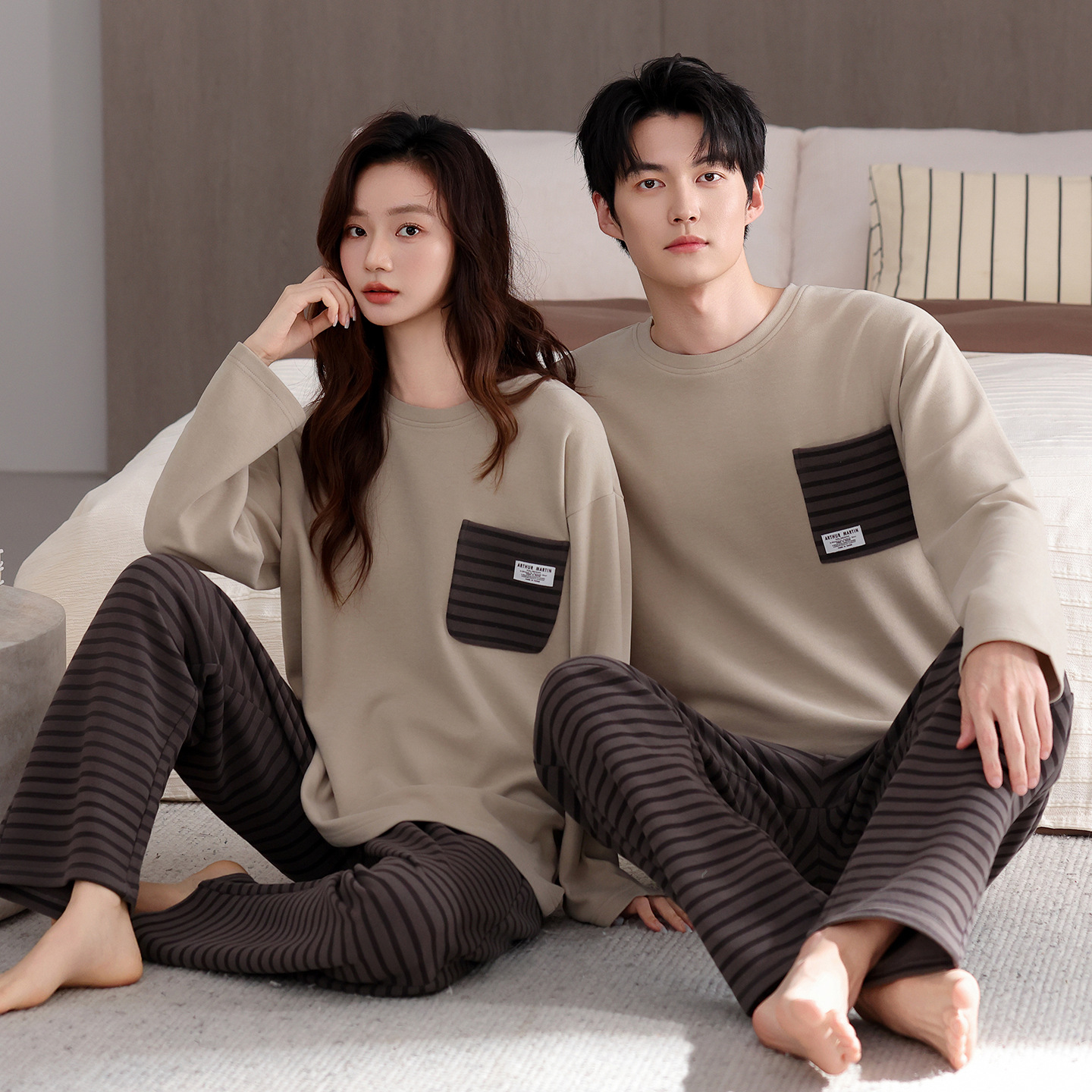 潮牌睡衣情侣德绒季长袖可外穿套头大码冬薄款格子套装家居服