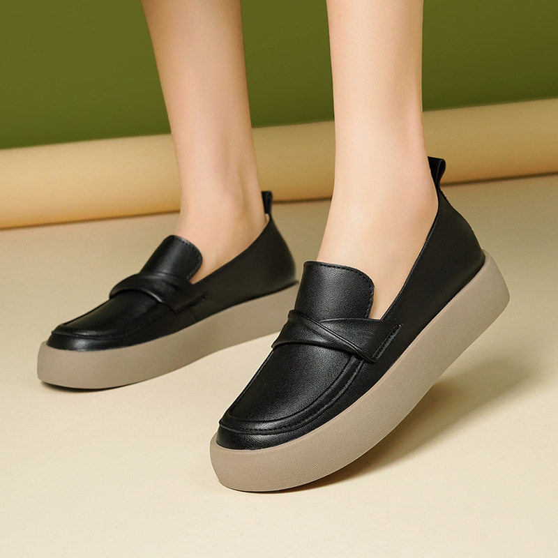 德国厚底乐福鞋季新款软底白色小皮鞋女士一脚蹬休闲小白鞋