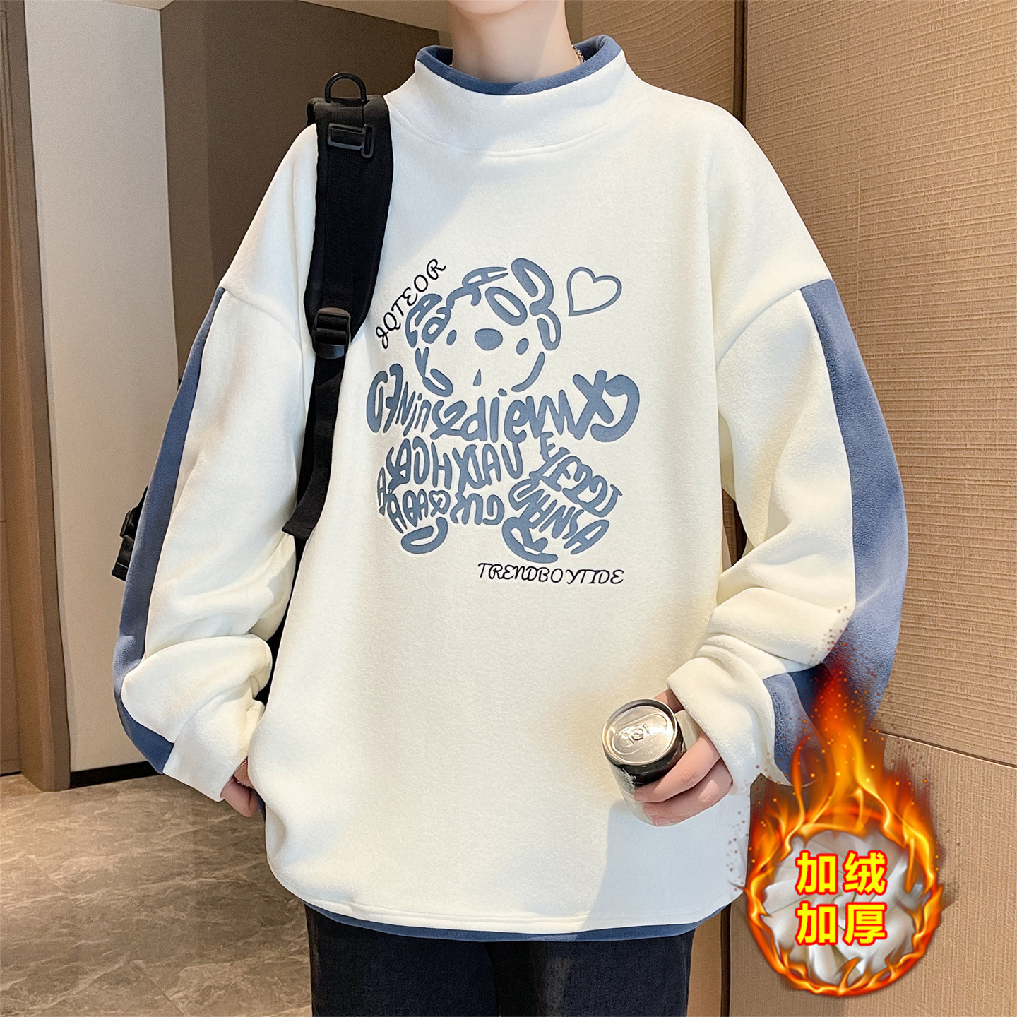 香港撤柜冬季青少年半高领卫衣男孩初中学生加绒加厚打底衫大童保