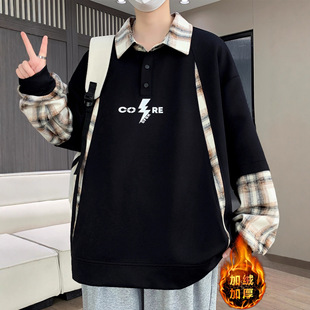 欧洲站冬款加绒加厚翻领卫衣男孩初中学生帅气Polo衫青少年大童上