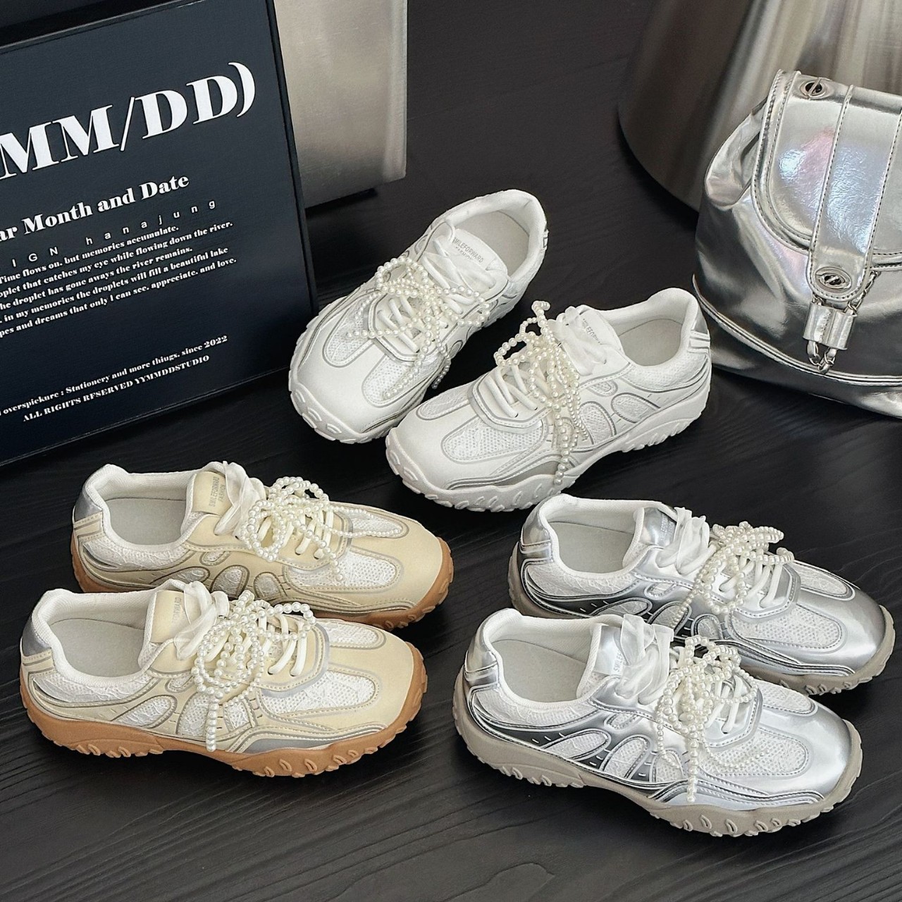 香港撤柜季德训鞋女月牙底时尚百搭蕾丝珍珠休闲透气德训鞋女阿甘