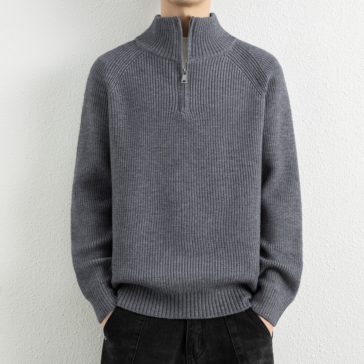 优选时尚拉链半高领针织打底衫长袖套头保暖毛衣冬新款男士线衣