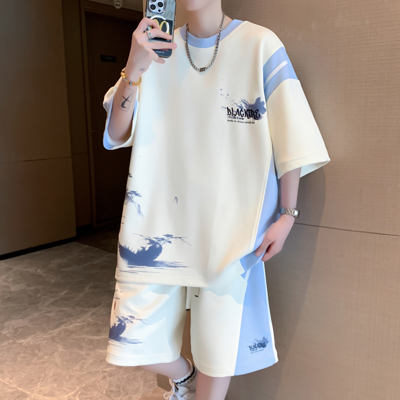 流行优选青少年夏季套装男孩2025新款短袖t恤高中初中生学生大童