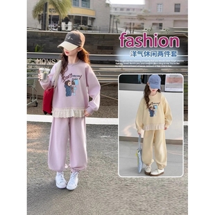 帥氣可愛女童裝 兩件套新款 大童洋氣時髦卡通上衣長褲 兩件 衛衣衛褲