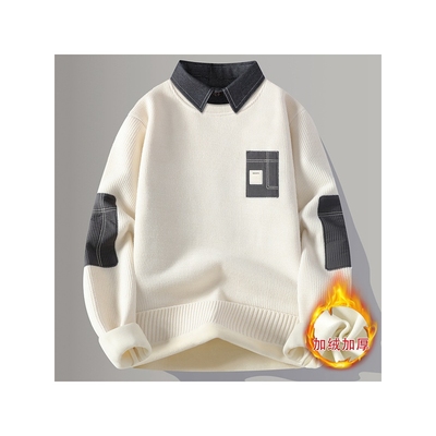 香港撤柜一体绒毛衣男冬季加绒加厚假两件长袖内搭青少年衬衫领打