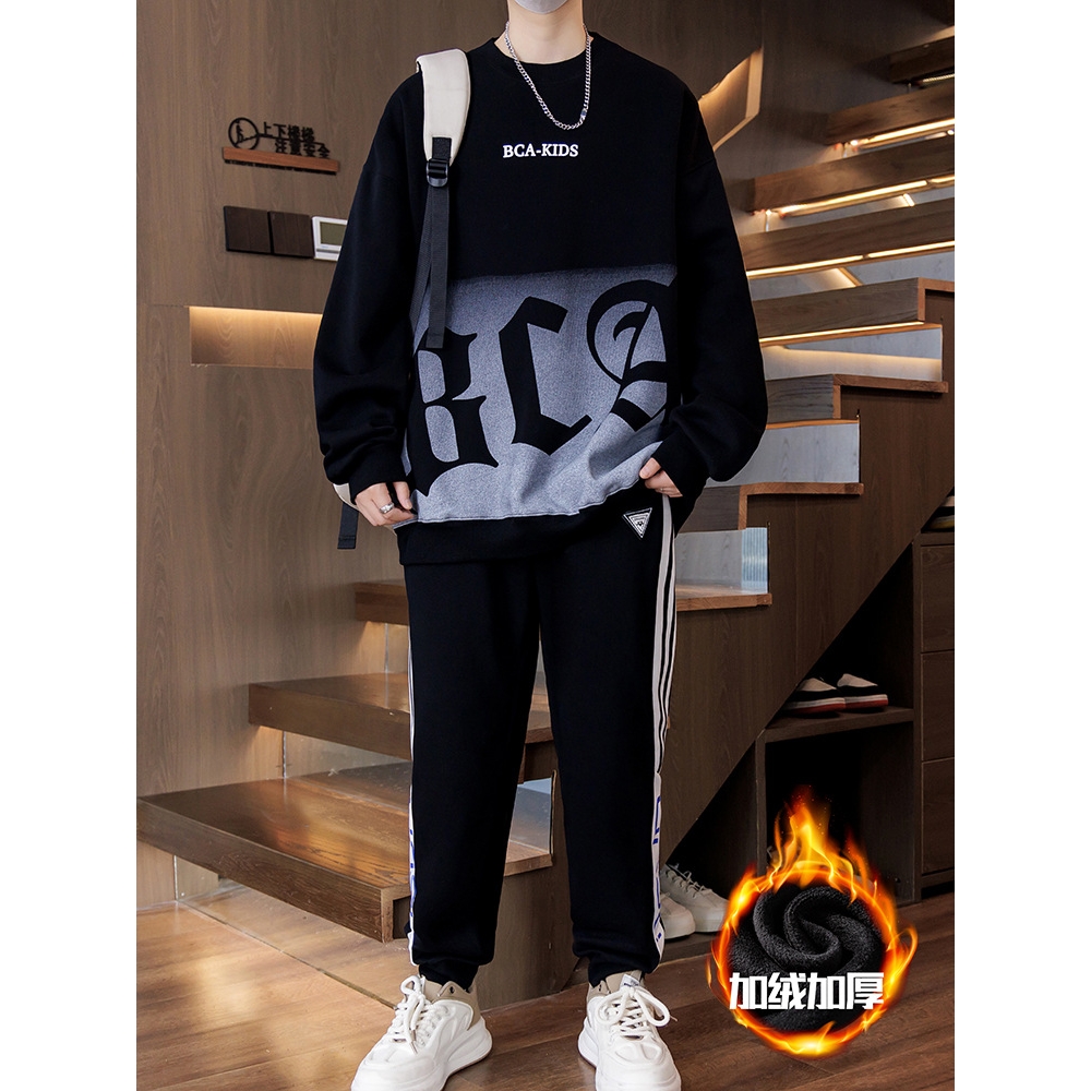 香港撤柜初高中学生男孩运动套装圆领卫衣加绒加厚岁冬装男装