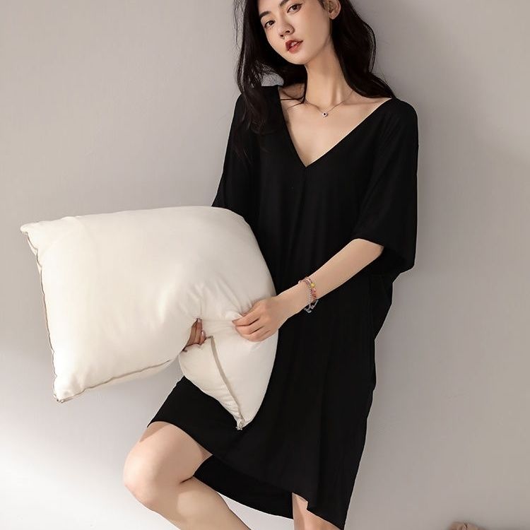 大码300斤夏季冰丝睡裙女薄款性感V领短袖睡衣纯欲风家居服可外穿