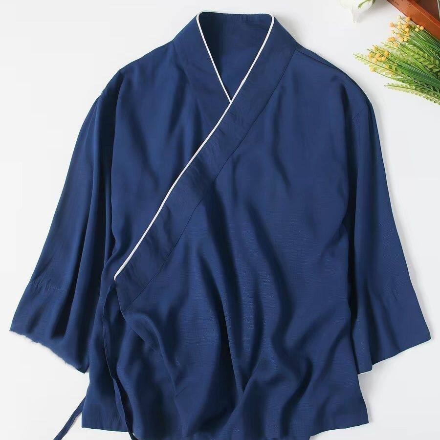 七分袖交领系带文艺改良汉服茶服国风新中式男女士禅修服唐装大码