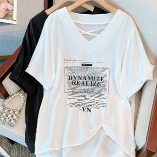 欧货正肩短袖t恤女夏季胖mm显瘦中长款休闲百搭v领上衣大码300斤