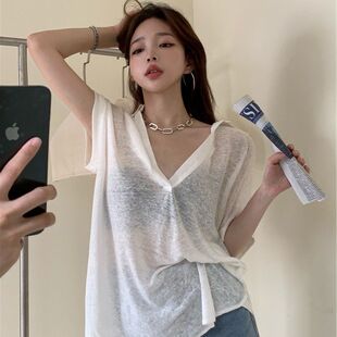 胖MM性感短袖大领口V领t恤女夏季大码300斤高级感上衣潮ins港风