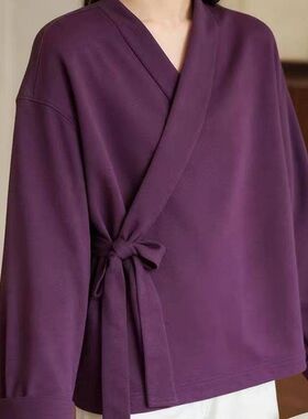禅意茶服紫色一片式交领绑带长袖德绒中衣保暖掐腰上衣秋冬季大码
