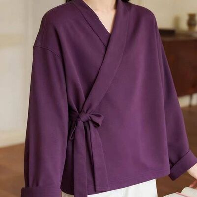 禅意茶服紫色一片式交领绑带长袖德绒中衣保暖掐腰上衣秋冬季大码
