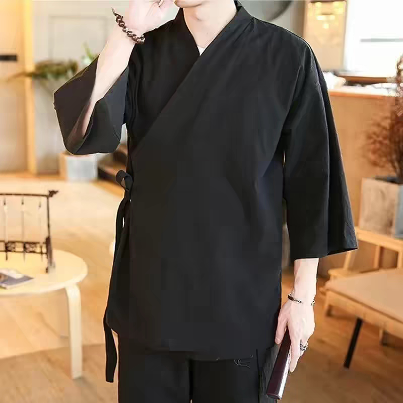汉服新中式交领系带国风古代唐装汉元素七分袖长裤套装大码男女款