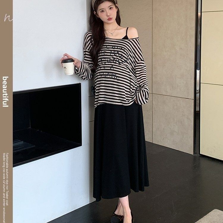 条纹印花字母防晒T恤女夏季松弛慵懒空调衫长袖上衣半裙套装大码